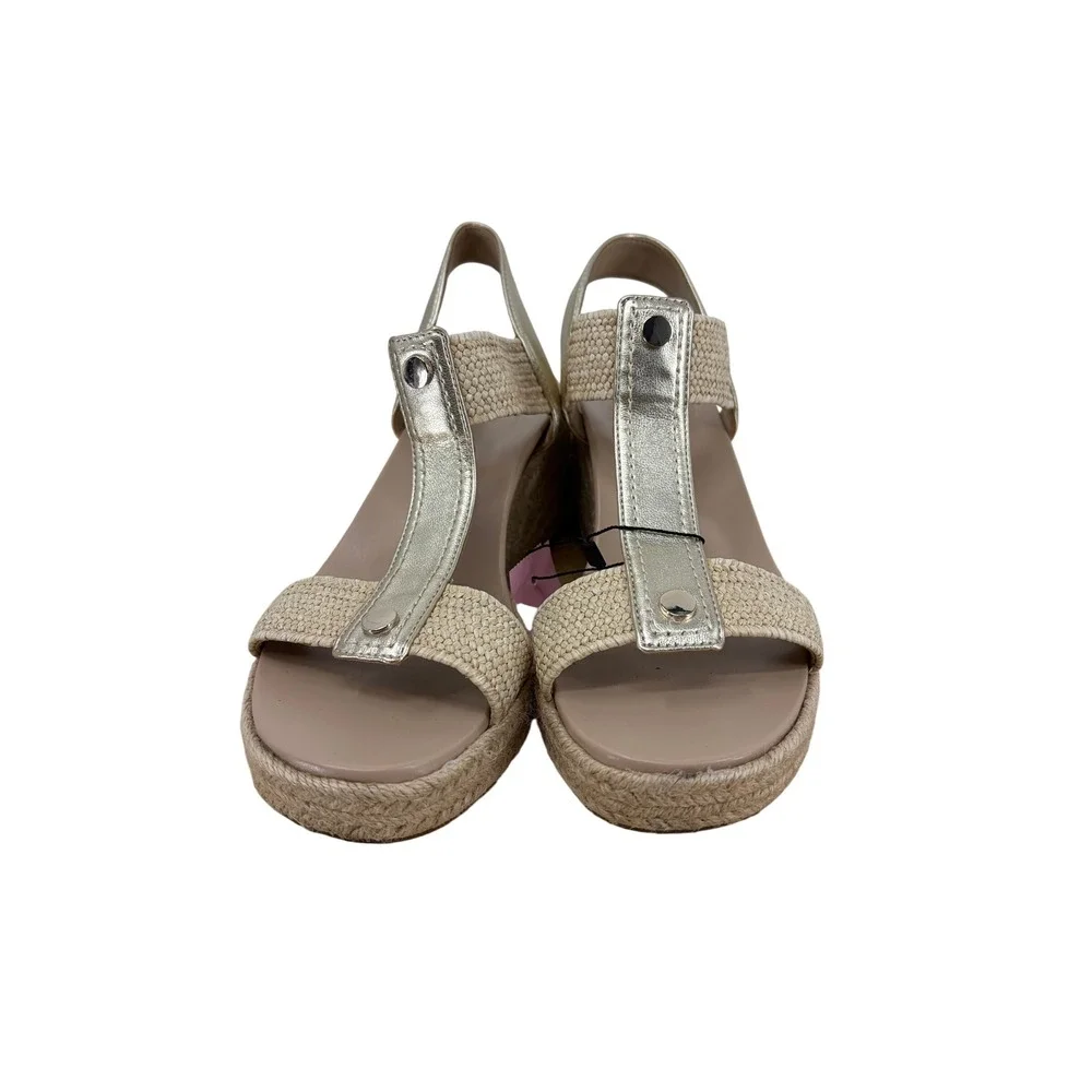 Vionic‎ Gold Metallic Raffia Wedge Sandals T-Strap Espadrille Platform Shoes